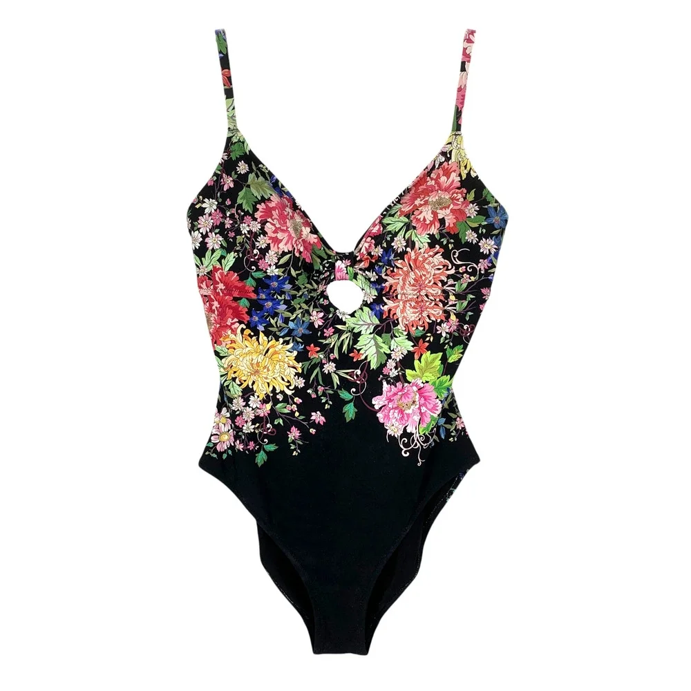 Johnny Was Sz M Metalli Notte Floral One Piece Swimsuit Keyhole Black Lined